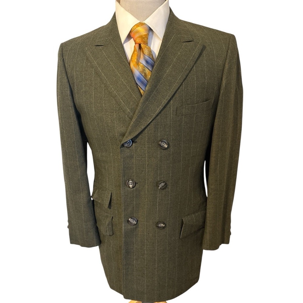 VTG Griffon Clothes Green Stripe Double Breasted Flannel Wool Jacket Blazer 38S
